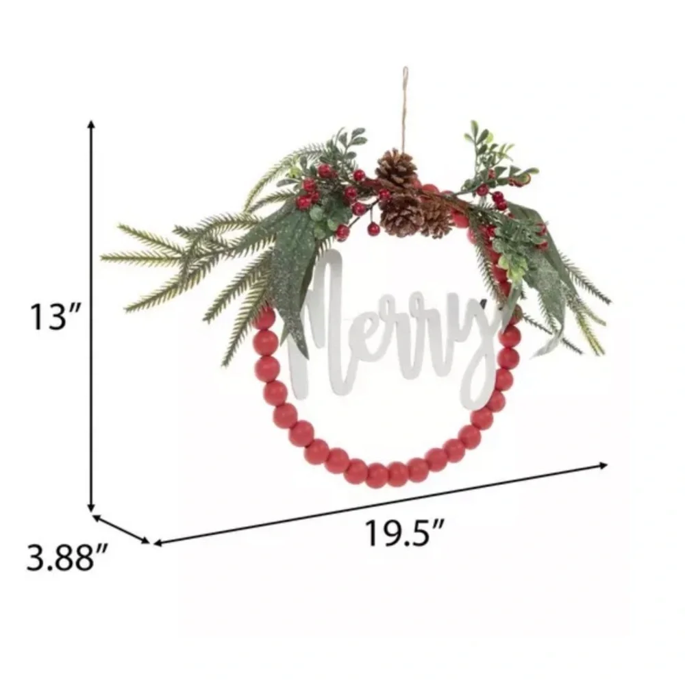 Holiday Wreath with Red Beads and Greenery